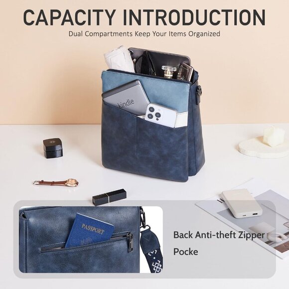 Leather Crossbody Bag for Women Soft Vegan PU Multiple Pockets Lightweight - Picture 4 of 6